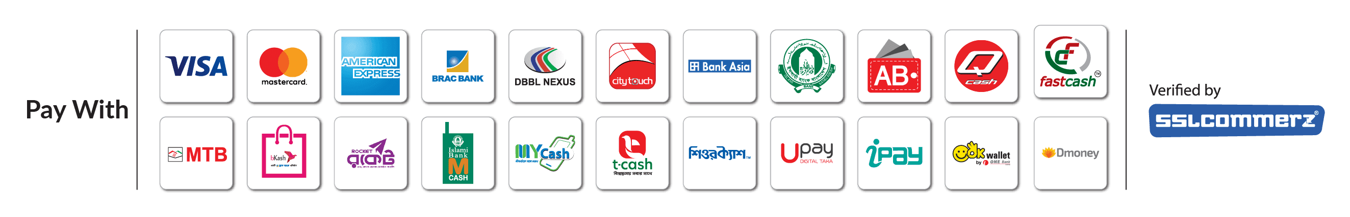 Pay with cards, banks and mobile wallets, verified by SSLCOMMERZ